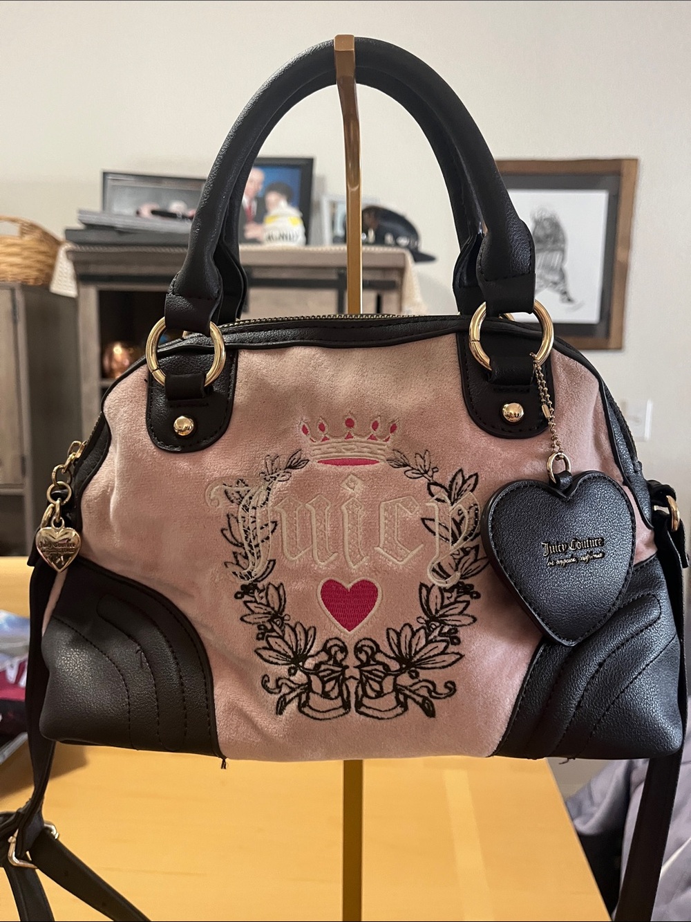 Juicy Couture Pink Suede & Black Leather Heart Charm Satchel